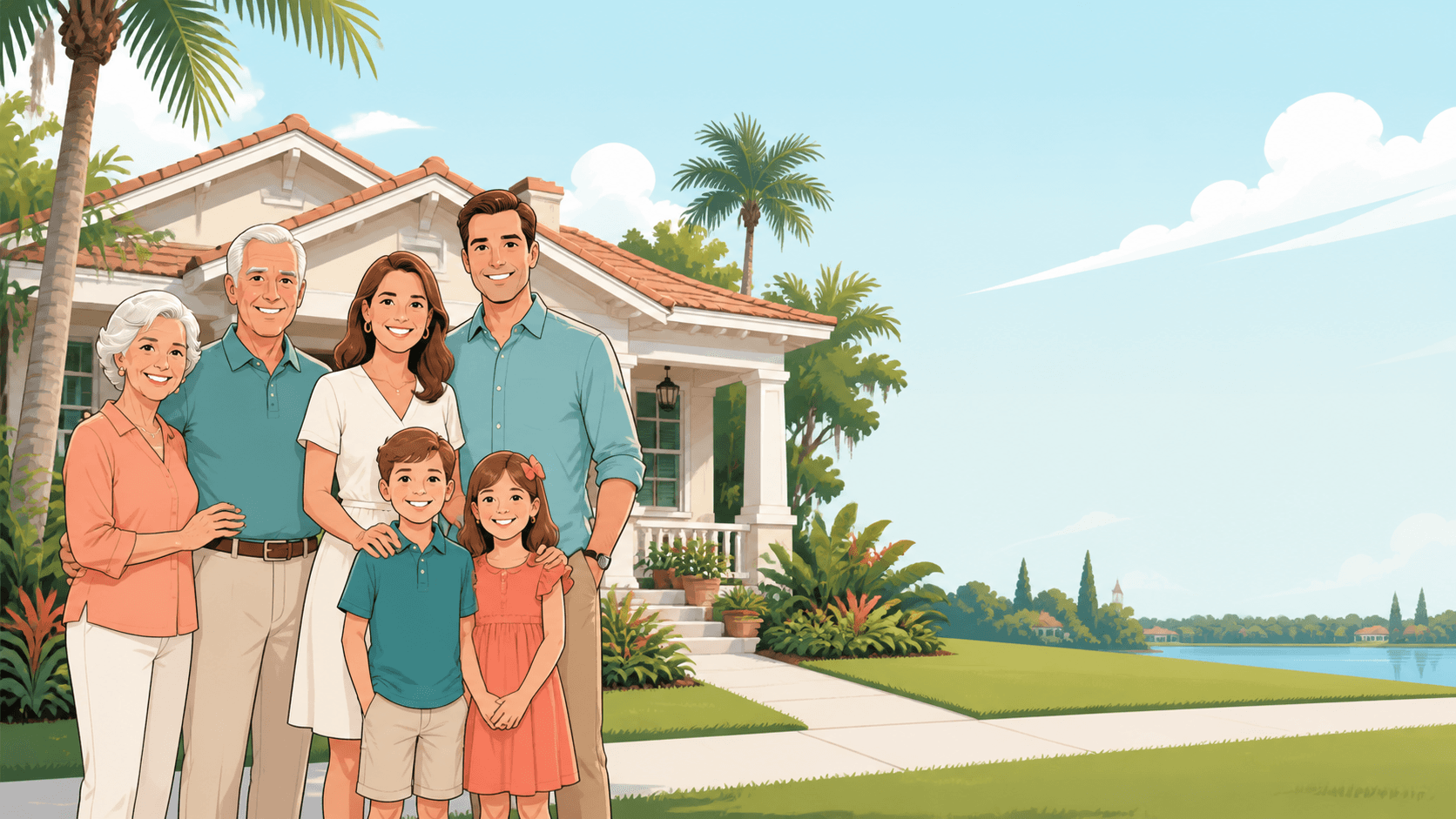 A smiling three-generation family stands in front of a Florida home with palm trees and a lake behind them.