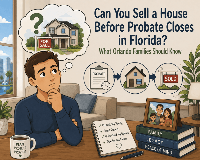 A man at home wonders "Can You Sell a House Before Probate Closes in Florida?" beside a probate-to-sold icon flow.