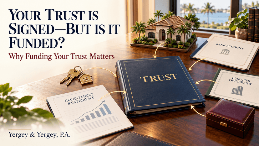 A trust binder linked by arrows to keys, a home and account statements: "Your Trust Is Signed, But Is It Funded?"