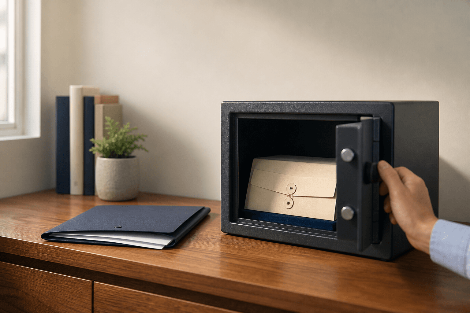 A hand closes a small home safe holding sealed envelopes, with a navy document folder on the desk beside it.