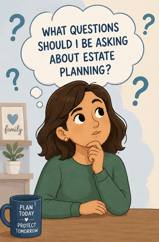 A woman wonders "What questions should I be asking about estate planning?" with a "Plan today" mug nearby.