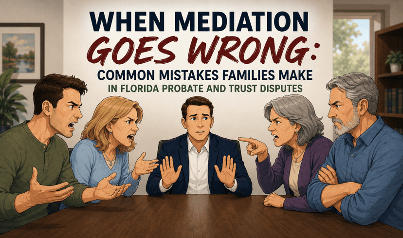 Relatives argue across a table as a man in the middle raises his hands, under the headline "When Mediation Goes Wrong."
