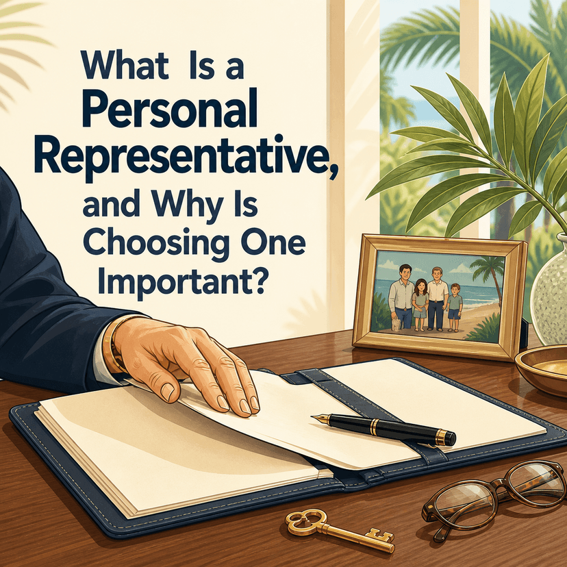 A hand opens a navy portfolio: "What Is a Personal Representative, and Why Is Choosing One Important?"